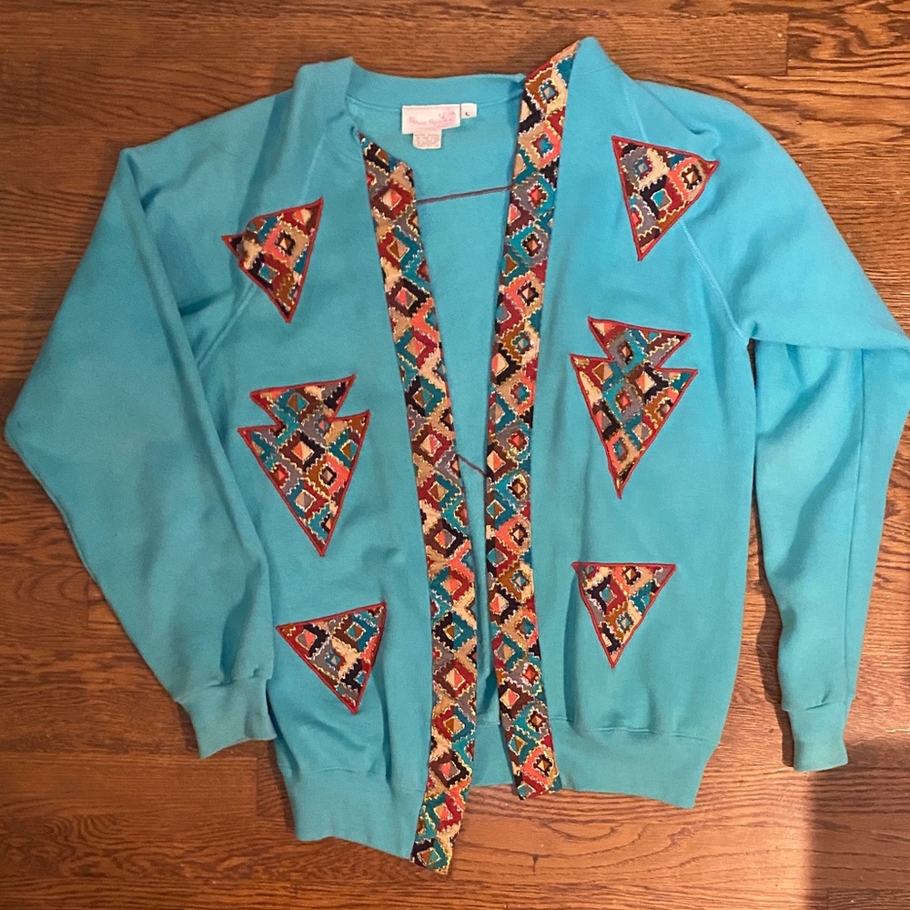 Desert Rose Turquoise Aztec Southwestern Appliqué Open front sweatshirt jacket L